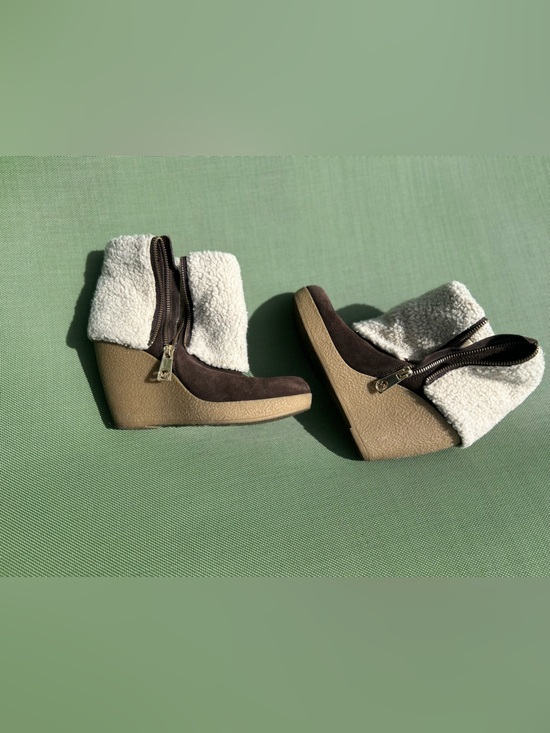 Michael Kors Shoes - Michael Kors Brown Suede and Cream Sherpa Wedge Ankle Boots - Michael K